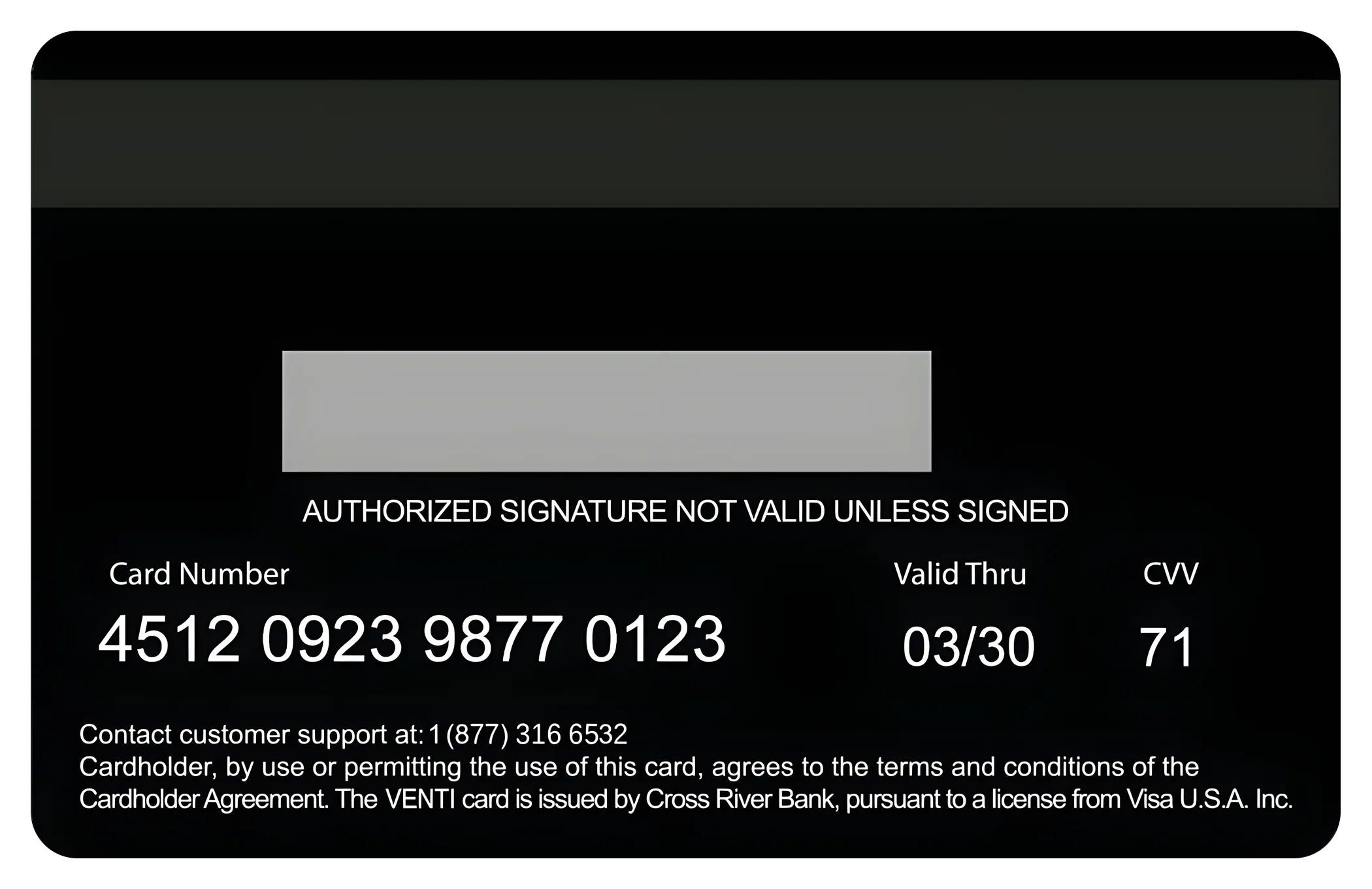 The back of a Venti debit card: signature panel, a sample card number, the customer support number and the card’s terms line.