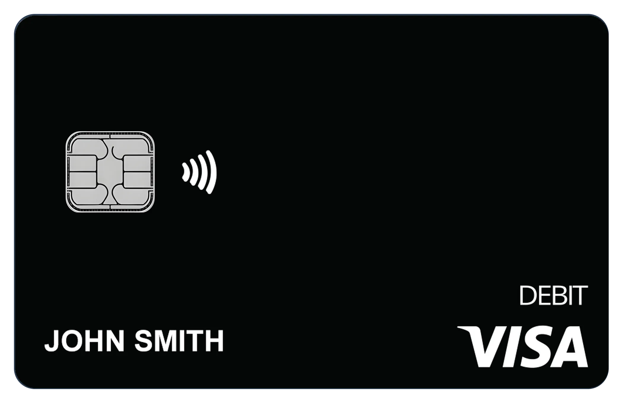 A Venti debit card, front: black, with a chip, contactless mark, a sample name, DEBIT and the Visa mark.