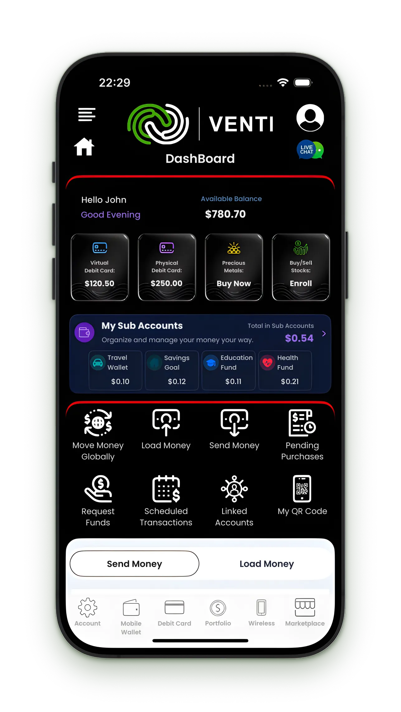 A sample screen of the Venti app Dashboard on a phone: Available Balance, LIVE CHAT, balance tiles for the virtual and physical debit cards, precious metals and stocks, My Sub Accounts, eight actions starting with Move Money Globally, Load Money and Send Money, and the bottom navigation.