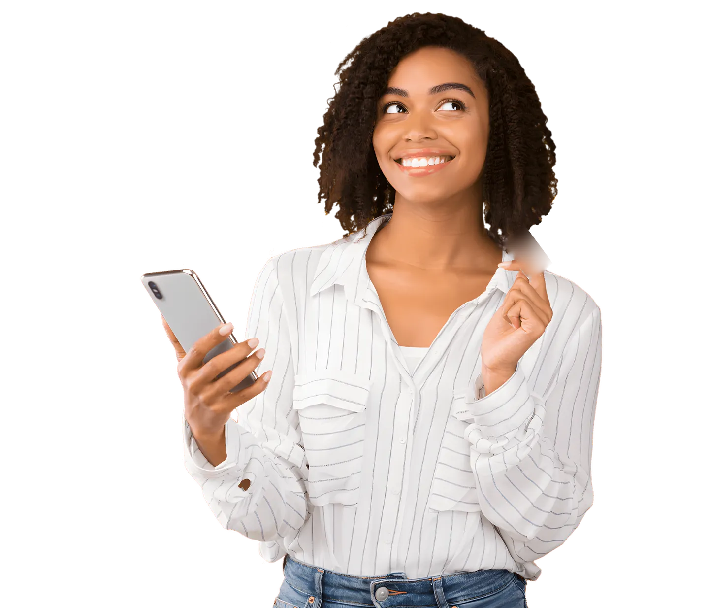A smiling woman holding her phone in one hand and a black Venti debit card in the other.
