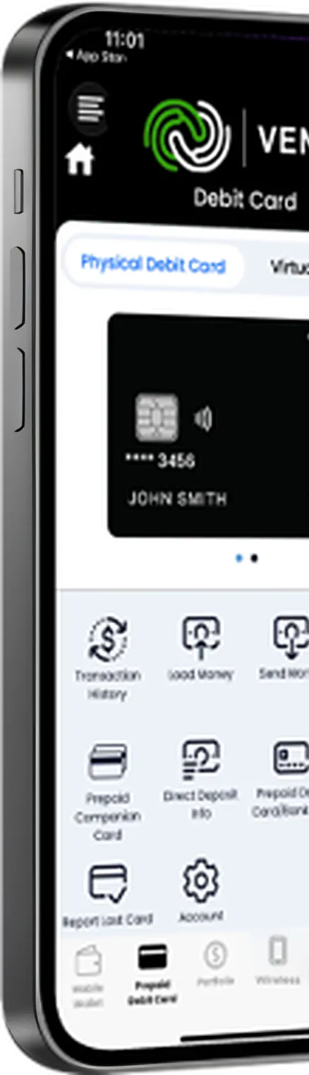 A sample screen of the Venti app: Debit Card, with your physical debit card and its actions.
