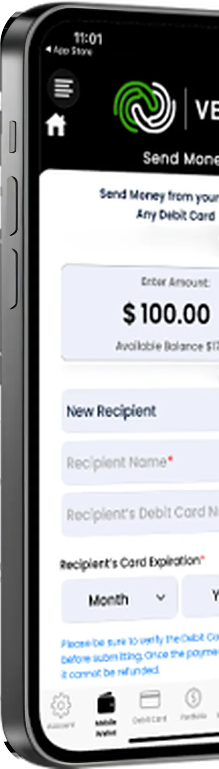 A sample screen of the Venti app: Send Money to any debit card.
